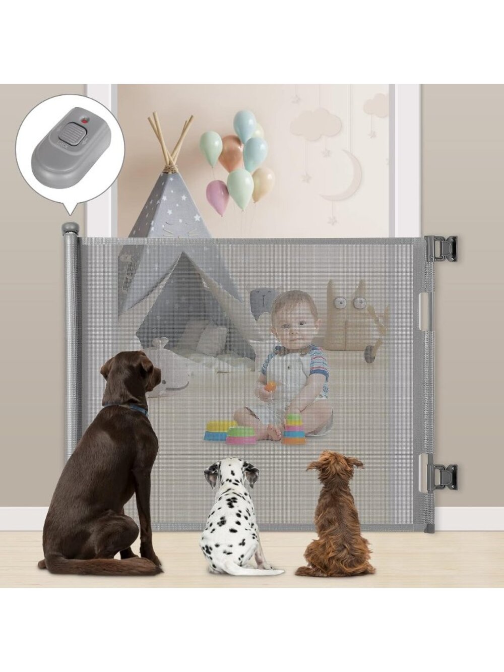 33" Retractable Baby Gate Gray 55" Wide Mesh Pet Dog Safety Gate Indoor/Out - Picture 2 of 9